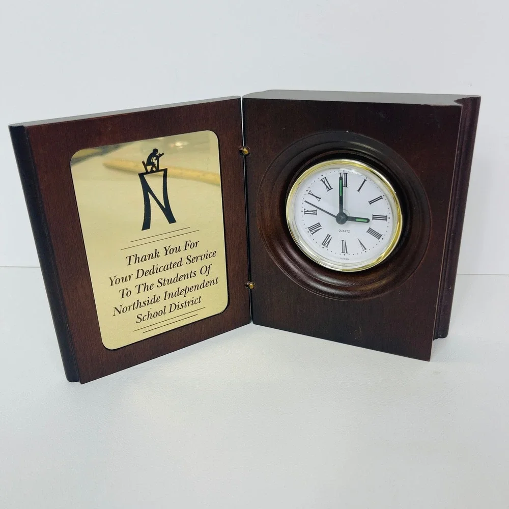 Monarch Trophy Wooden Book Desk Clock Brown Roman Numeral Quartz NISD Award Good